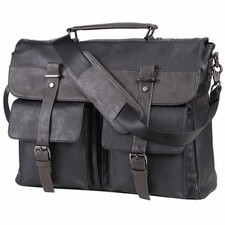 Men's 15.6" Vintage PU Leather Laptop Messenger Briefcase Black Water-Resistant