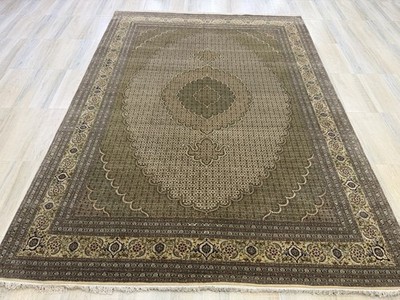 Vintage Handgeknüpfter Wolle Seide Vorleger Mahi Creme Gold Orientteppich 8x1...