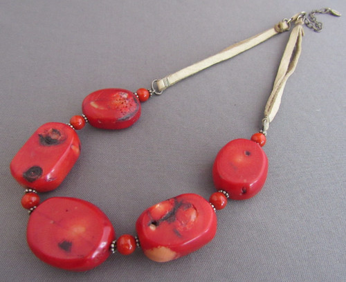 VINTAGE BARSE STERLING CHUNKY RED BRANCH CORAL BEADED LEATHER COLLAR NECKLACE