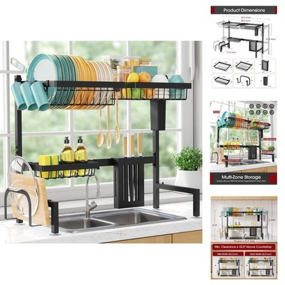 2-Tier Over Sink Dish Drying Rack Adjustable Stainless Steel Kitchen Organizer
