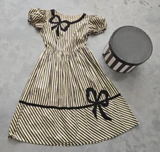 Vintage 30s 1930s Deco Dress Striped Tiered Ribbons Bows Puffy Sleeves Appliques