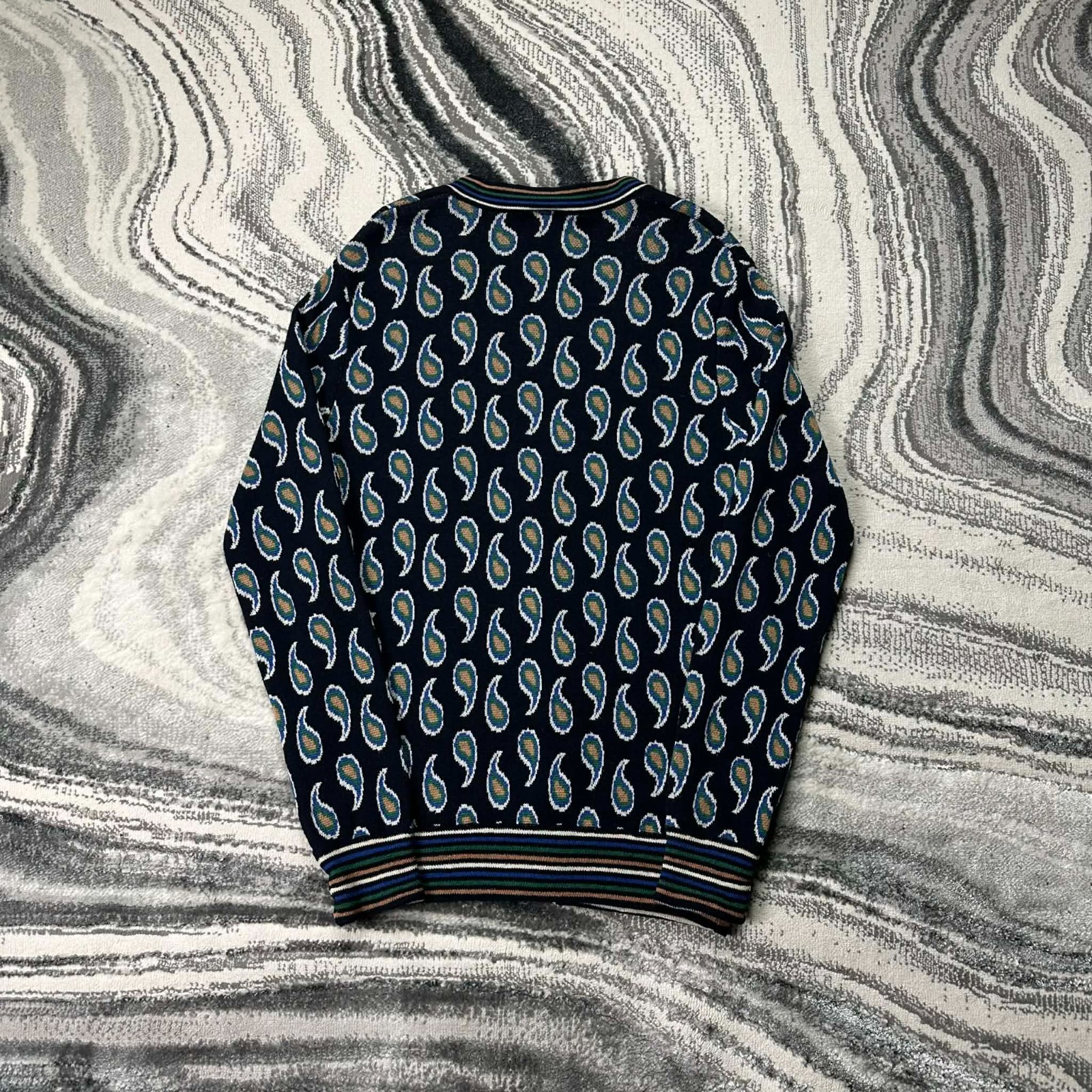 Vintage Paul Smith Paisley Signature Stripe Abstract Knit Navy Sz Small Cardigan image 8