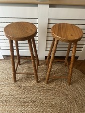 Pair of Vintage Solid Wood Kitchen Breakfast Bar Stools Round Wooden 68cm High