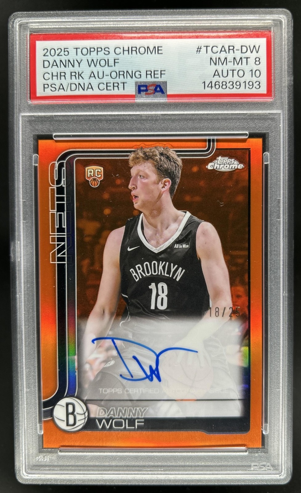 2025-26 Topps Chrome Danny Wolf Rookie Auto Orange Refractor RC #/25 PSA 8/10
