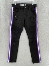 Preme Skinny Jeans Biker Moto Distressed Men's 32X32 Striped Black Purple 11276