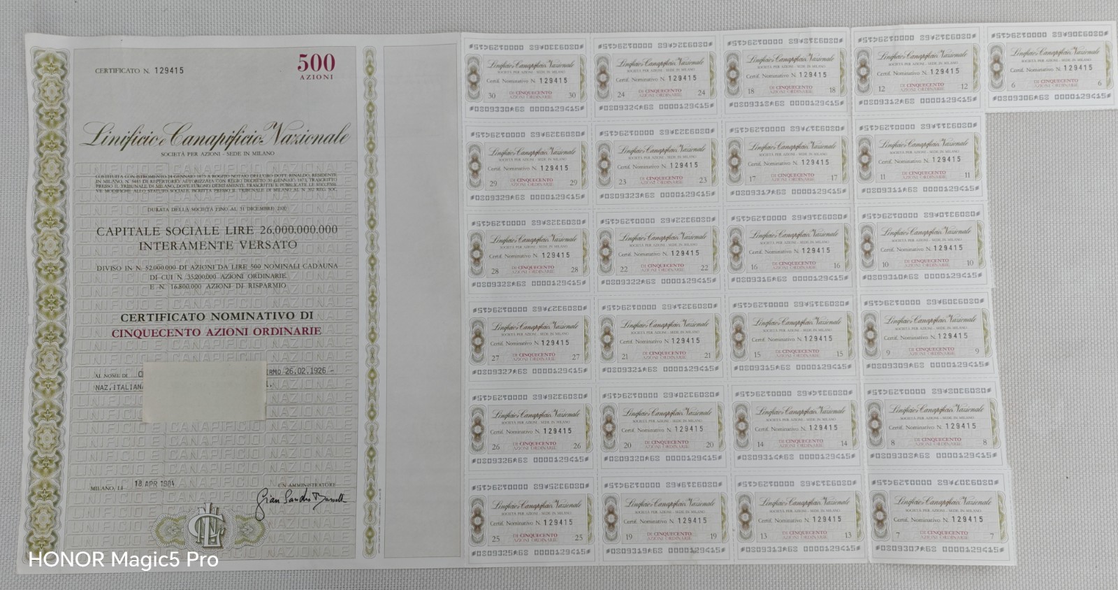 LINIFICIO E CANAPIFICIO NAZIONALE/Certificato Nominativo di 500 AZIONI ORDINARIE