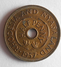 1957 RHODESIA & NYASALAND 1/2 PENNY- AU - High Quality African Coin - Lot #D23