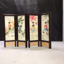 Vintage Chinese Tabletop Decorative 4 Hand Painted Tile Panel Screen