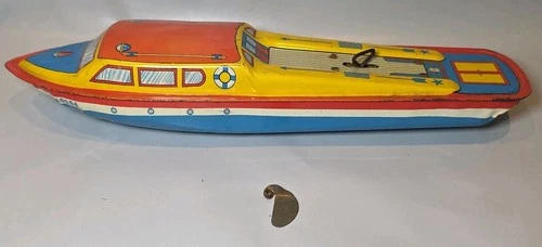 Vtg MCM Ohio Art Litho Tin Windup Toy Cabin Cruiser Speed Boat 14.5" Long READ