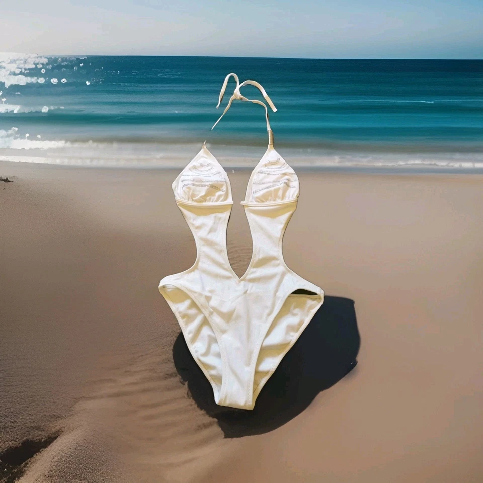 Palmers - Monokini Neckholder Badeanzug - Gr. S, 36/38- Weiß, Pailletten -Top💗
