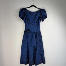Vintage 80s ILGWU Blue Satin Taffeta Puff Sleeve Midi Dress Petite USA Made