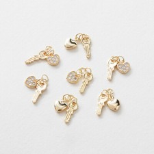 6pcs CZ Pave Love Heart and Key Charm,Cubic Zirconia Key Pendant,Zircon Charm