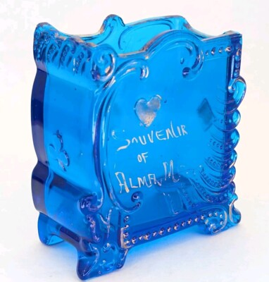 EAPG Blue Glass Playing Card Deck Holder Suit Vintage Souvenir Alma Michigan