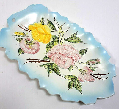 Porcelain Raised Flowers Leaf Soap Trinket Dish Blue Japan Roses Carnation