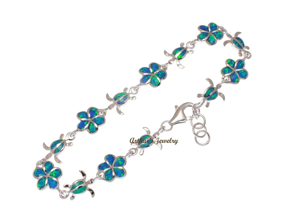 PULSERA INCRUSTADA ÓPALO PLATA 925 PLUMERIA HAWAIANA FLOR HONU TORTUGA ESLABÓN 7"+ Foto 2 de 4