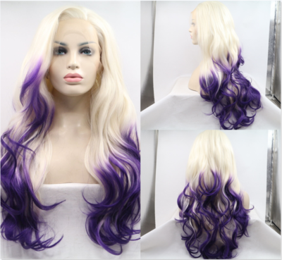 Long Body Wave Lace Front Wigs Ombre Blonde to Purple Synthetic