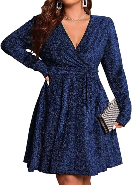 Long Sleeves V Neck Glitter Stretchy A-Line Style Cocktail Evening Club  Dress