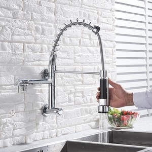 Wall Mounted Kitchen Sink Faucet Pull Down Sprayer Swivel Mixer