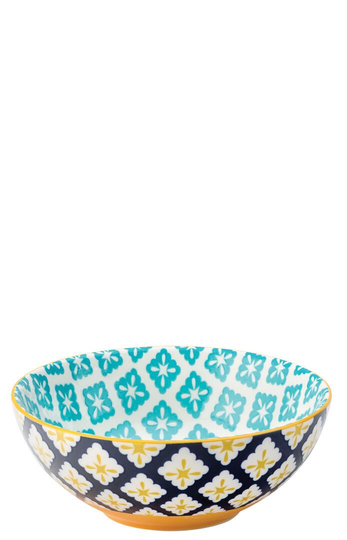 Cadiz Porcelain Bowl Geometric Blue & Yellow Bar Serving 6.3"" (16Cm) Pack Of 6