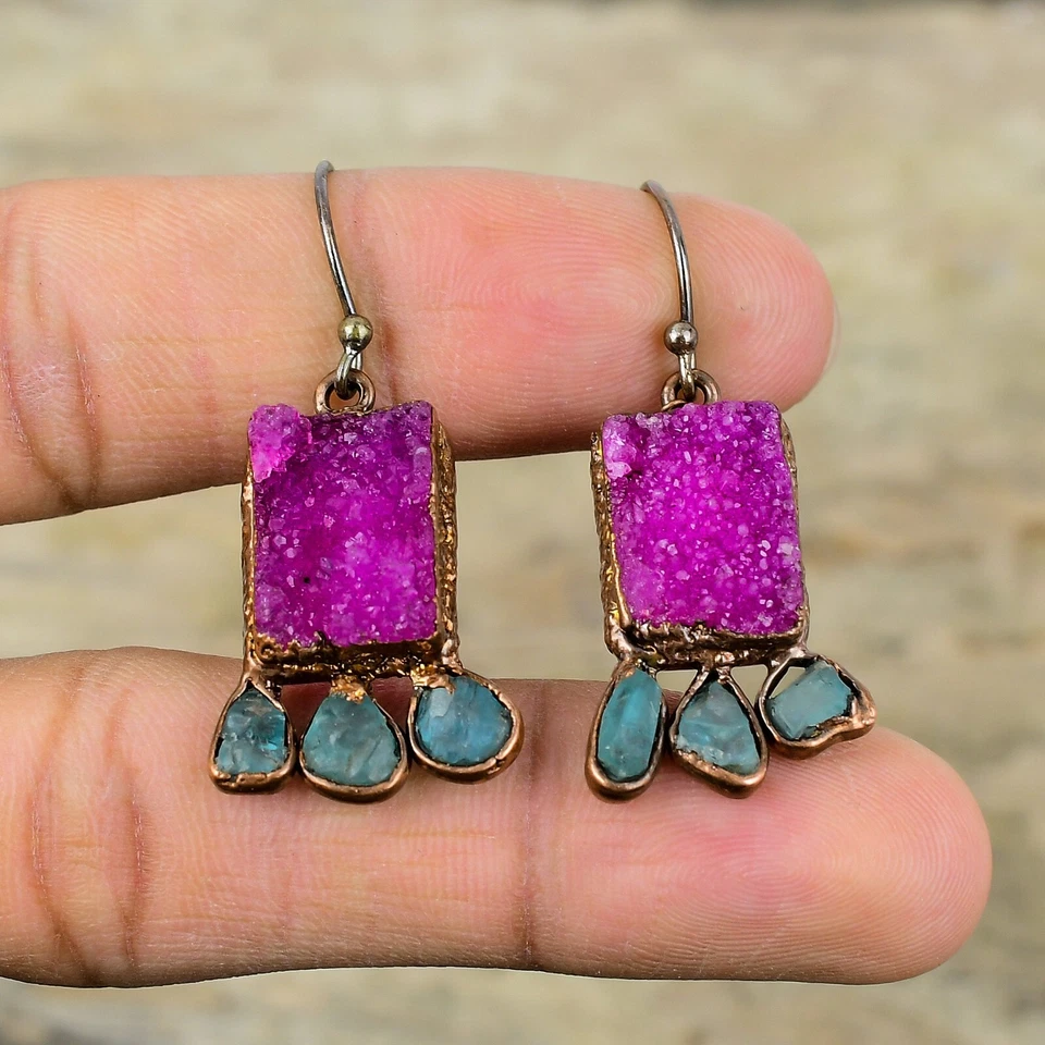 Pink Druzy Jewelry Copper Mom Gift Electroformed Drop/Dangle Earrings 1.77" - Image 3 of 4