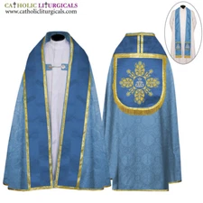 NEW Marian Blue Cope & Stole Set with AM embroidery, capa pluvial, far fronte