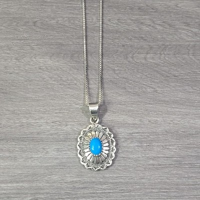 Signed JC Navajo Sterling Silver Turquoise Concho Pendant Necklace 18'' Chain