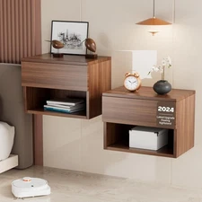 Floating Nightstand, Modern Wall Mounted Bedside Table with Drawer, Wood Beds...
