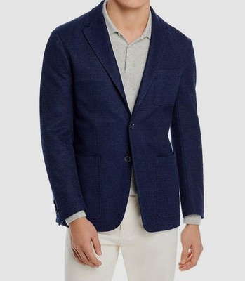 Canali Men's Blue Cotton Linen Textured Jersey Regular Fit Sport Coat Size 56R