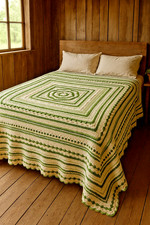 NWT Handmade King Sz Crochet Blanket 100X100 Green White Afghan Boho Farm Bed