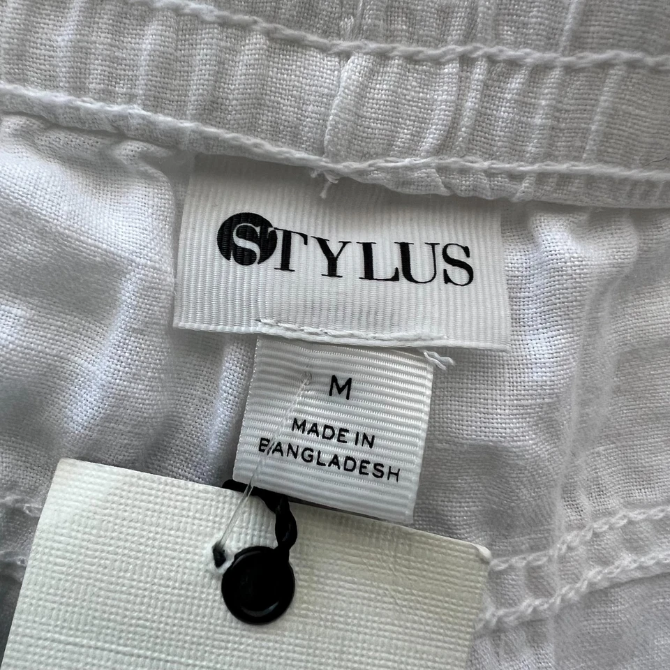 Pantalones de lino Stylus para mujer medianos blancos pierna recta cordón cintura preppy Foto 4 de 4