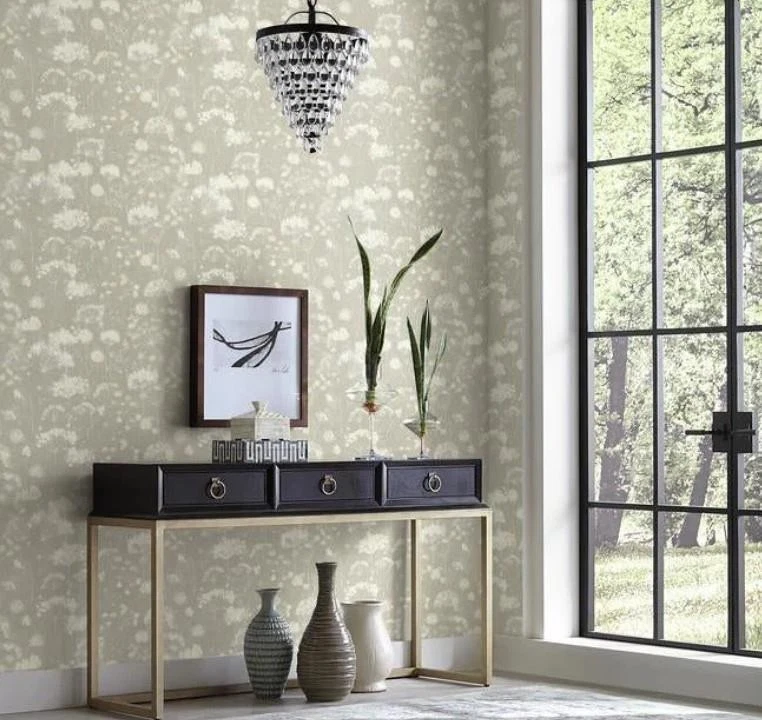 Wallpaper Botanical Fantasy Floral Watercolor, Soft Taupe Background  60 sq ft - Image 2 of 4