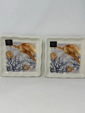 2 Effetti Square Side Salad Plates Sea Turtle Italy Nautical Reef handmade VHTF