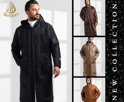 Bestickter Herren Farwa Bisht Mantel Long Jacke, Reißverschluss, Mütze  SCHNE...