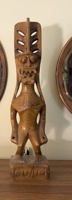 Vintage 1960s Guam Carved Wood Tiki Statue Tribal Warrior Mid Century Bar Decor