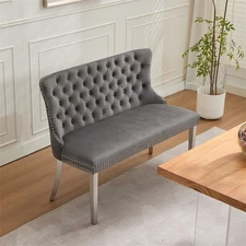 2-Seat Tufted Bench Velvet Upholstered Dining Seating w/Wing Back & Silver Legs 