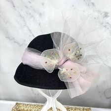 Vtg 40s 1950s black Hat Pink Tulle Mesh Cloche British Whimsical Retro Feminine