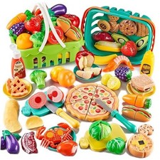 85Pc Pretend Play Food Sets for Kids Kitchen, Cutting toy food with 2 Baskets,