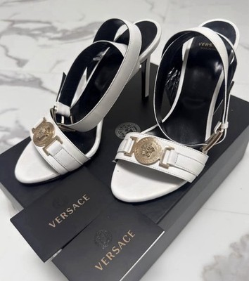  Versace Medusa White Leather Sandal Heels Gold EU 37 US 6.5 