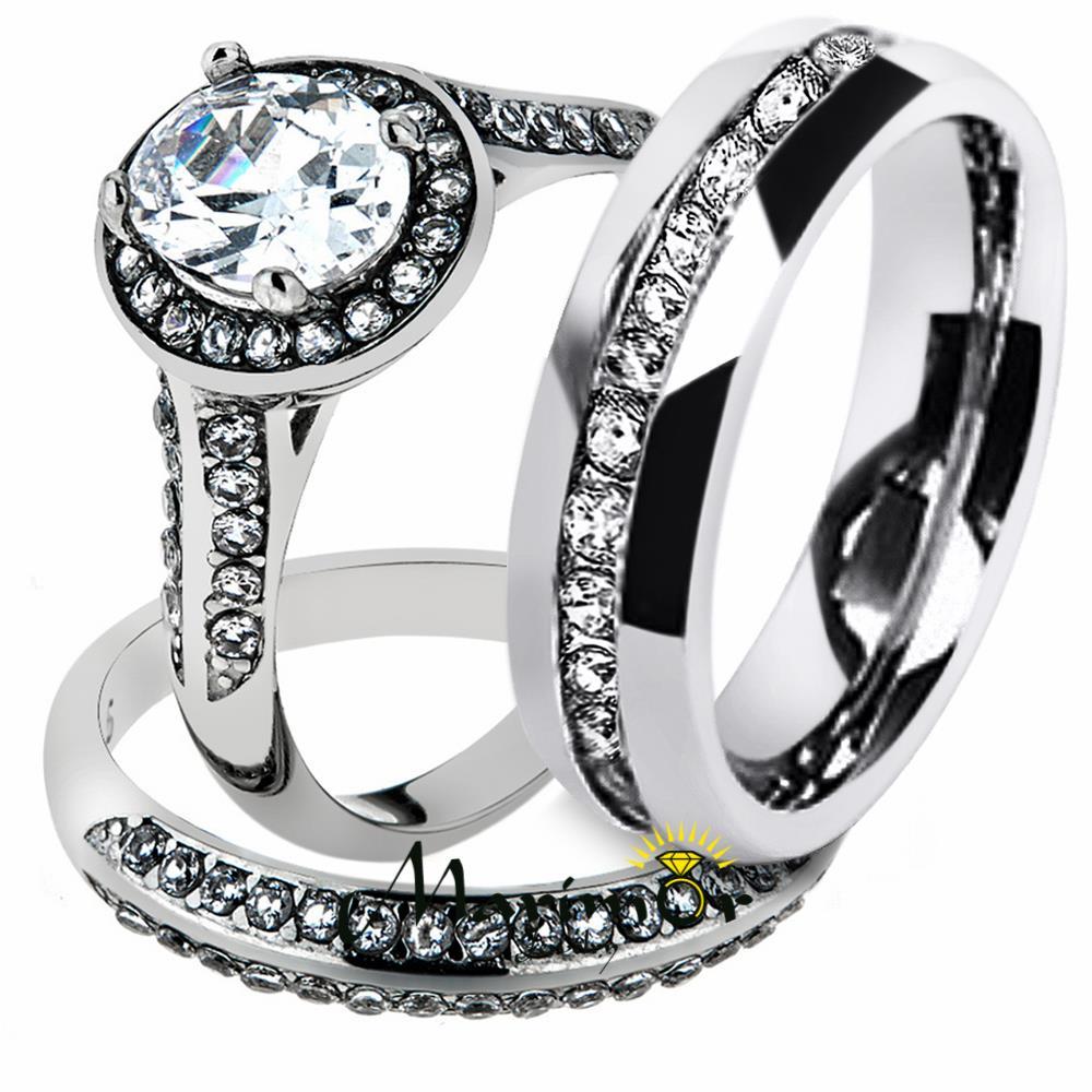 His Hers Stainless Steel Halo Bridal Ring Set Men's Eternity Wedding  Band