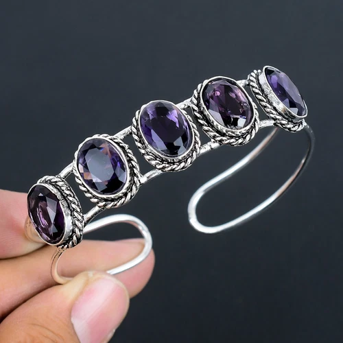 Amethyst  Gemstone Handmade 925 Sterling Silver Bengle Adjustable B-1053