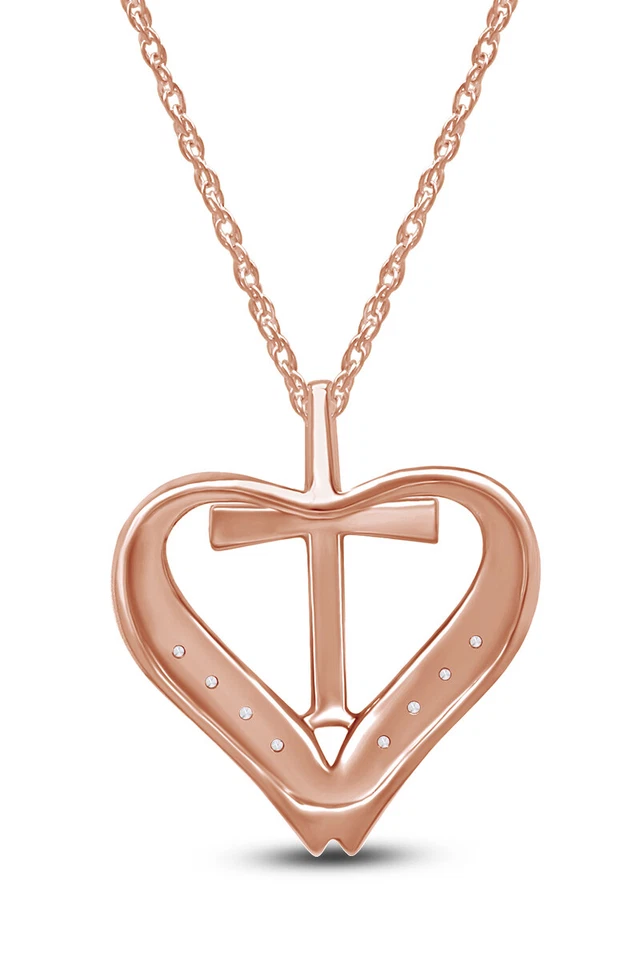 Colgante Cruz y Corazón con Cadena de 18" Diamante Natural Oro Rosa Sólido 14K -IGI- Foto 3 de 4