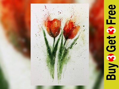 Blühende Tulpen Duo 5''x7'' Druck auf mattem Papier | Frische botanische Malerei