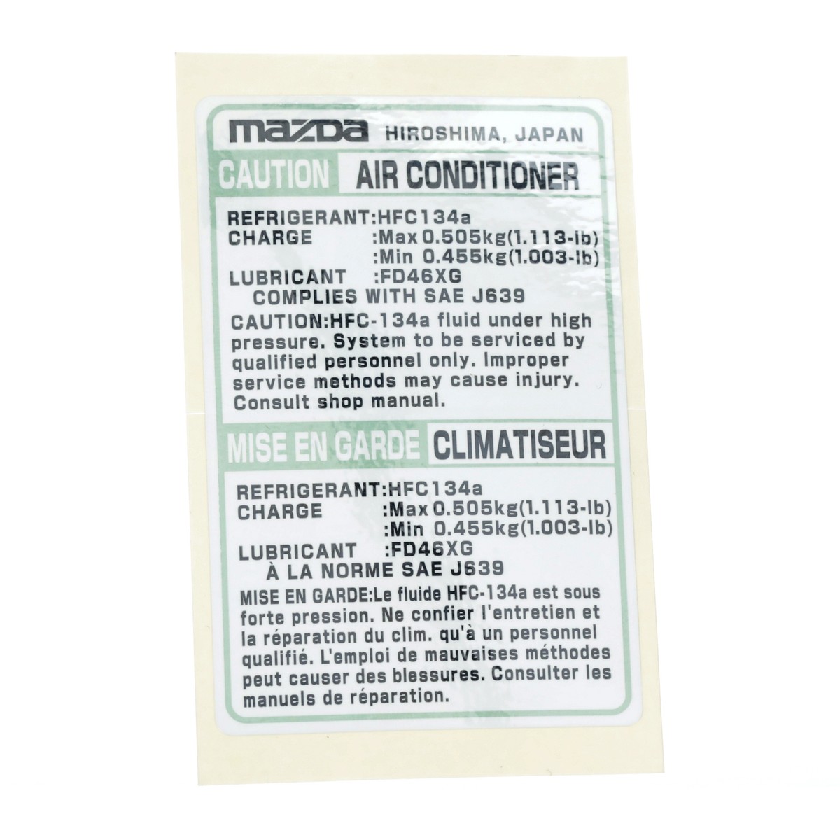 NEW OEM Mazda 2010-2014 Mazda3 Mazda5 A/C System Information Label