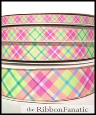 3yds Yellow Pink Blue Green Plaid 3/8" or 5/8" or 7/8" or 1.5" Grosgrain Ribbon