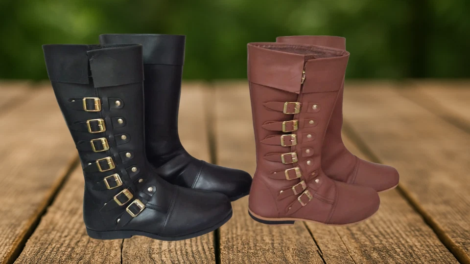 Botas de cuero medievales vikingas 8 hebillas hechas a mano zapatos de cuero puro SCA LARP Foto 3 de 4