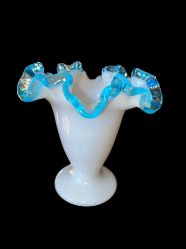 Fenton Crimped Aqua Blue Crest Footed Vase Art Glass Milk White Vintage