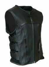 Swat Style Leather Vest Men's Motorcycle Biker Tactical Black Stretch