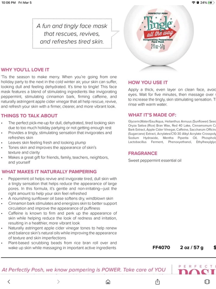 Mascarilla facial vigorizante Perfectly Posh Tingle All the Way menta nueva/sellada Foto 4 de 4