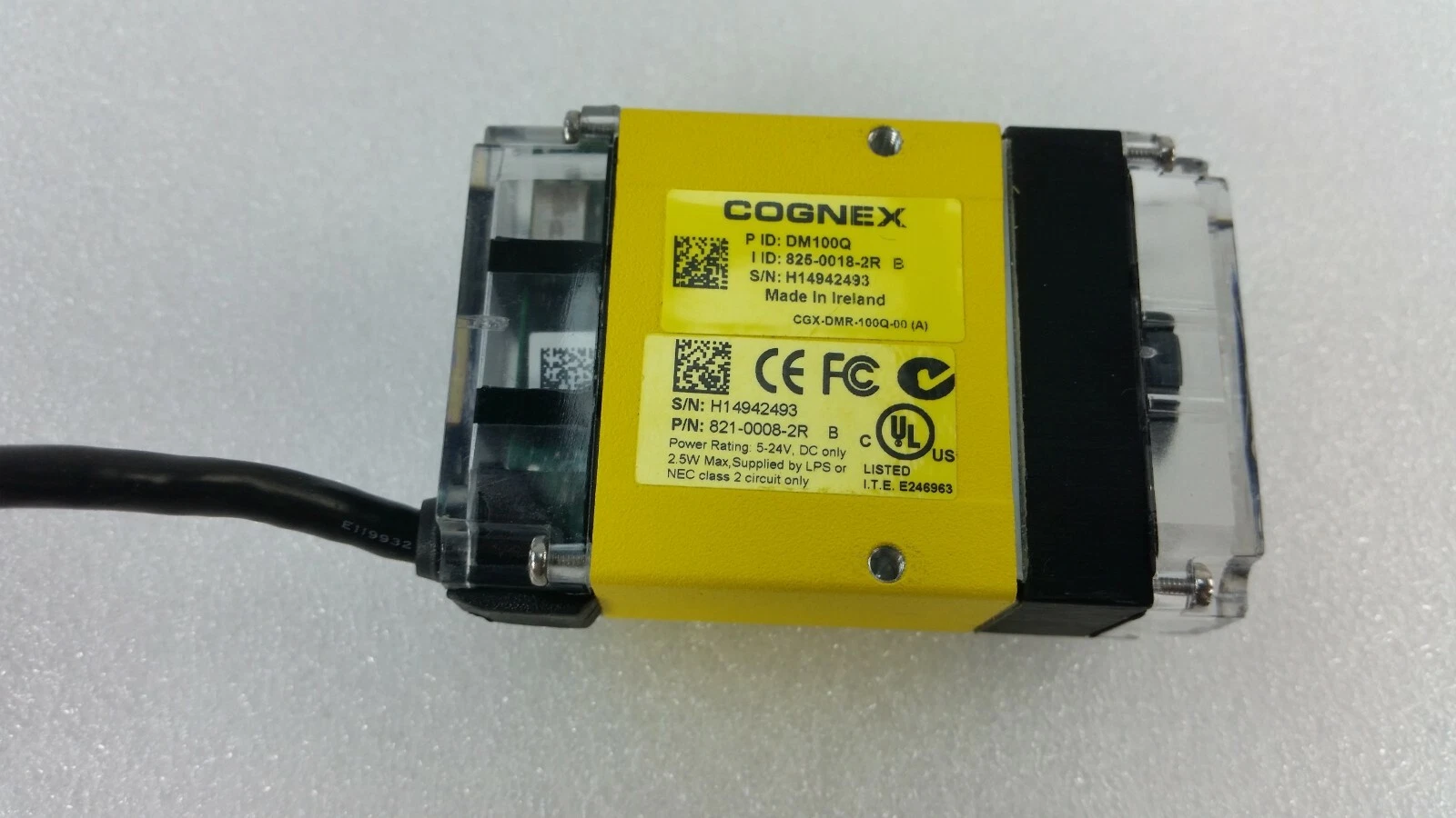 Cognex labels: P ID DM100Q, P/N 821-0008-2R B, 5-24V DC