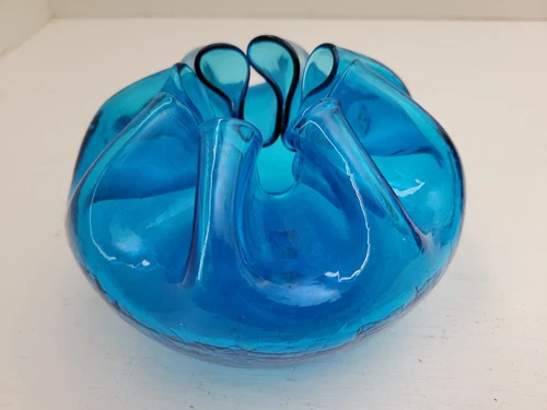 Vintage Blenko Glass Ribbon Bowl Cobalt Blue Crackle Glass